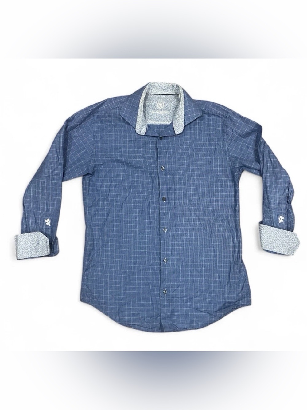Bugatchi Uomo Blue Windowpane Check Dress Button Up Shirt Floral Cuffs 32/33, 15